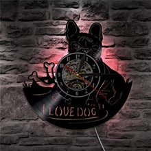 Load image into Gallery viewer, 1Piece I Love Dog French Bulldog House Pet Vinyl Record Wall Clock Pet Puppy Animals Wall Watch Art Clock Home Decorative Gift