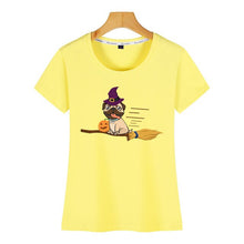 Load image into Gallery viewer, Tops T Shirt Women halloween pug witch on a broom dog lover gift Basic Black Print Female Tshirt