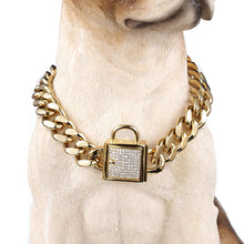 Load image into Gallery viewer, 12-32" Fashion Stainless Steel Silver Color/Gold Cuban Curb Link Training Choke Chain Pet Dog Collar With Crystal Lock Clasp