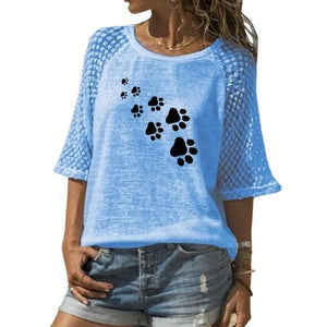 New DOG PAW Letters Print Lace Crew Neck T-Shirt For Women Top Harajuku Tshirt Female Graphic Tees Women Streetwear