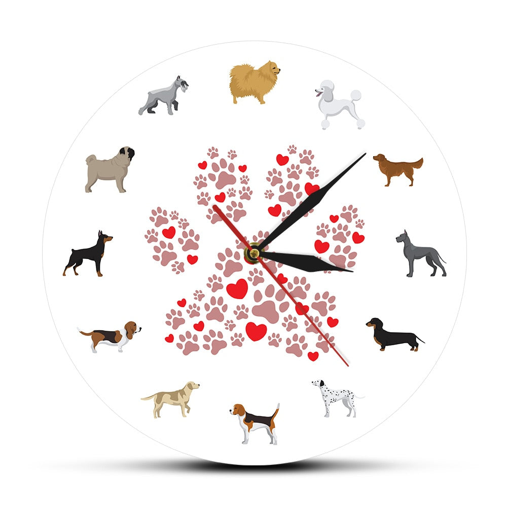 Dog breed theme pet dog wall clock footprints pattern decoration clock pet shop wall clock for Dog Owner