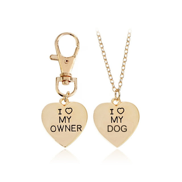 2Pcs/Set Gold And Silver Heart I Love My Master Dog Necklace Keychain Fashion Animal Best Friend Pet Dog Charm Male Lady Jewelry