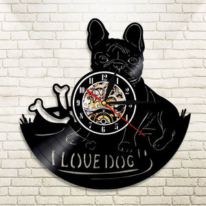 1Piece I Love Dog French Bulldog House Pet Vinyl Record Wall Clock Pet Puppy Animals Wall Watch Art Clock Home Decorative Gift