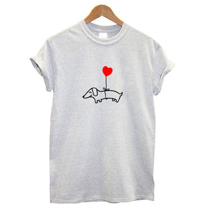 Love Heart Balloon Flying Dachshund Tees Funny Pet Dog Tshirt Women Summer Short Sleeve Top Soft Cotton T-shirt Drop Shipping