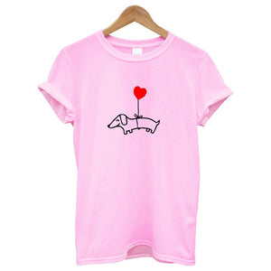 Love Heart Balloon Flying Dachshund Tees Funny Pet Dog Tshirt Women Summer Short Sleeve Top Soft Cotton T-shirt Drop Shipping