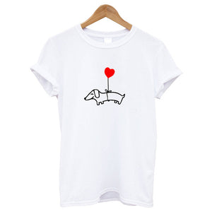 Love Heart Balloon Flying Dachshund Tees Funny Pet Dog Tshirt Women Summer Short Sleeve Top Soft Cotton T-shirt Drop Shipping