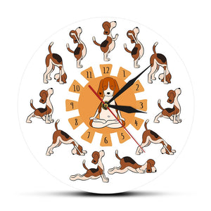 Cartoon Funny Dog Doing Yoga Position Of Surya Namaskara Doggy Style Yoga Wall Clock Beagle Dog Pet Cartoon Yoga Wall Watch