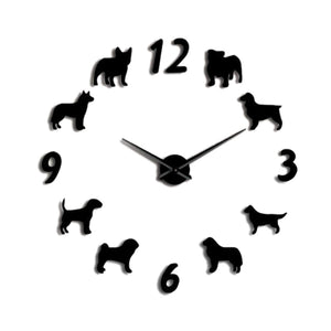 Different Dog Breeds Large Wall Clock Dog Lovers Pet Owners Home Decor Giant Wall Clock Modern Design Diy Puppies Wall Watch Bla