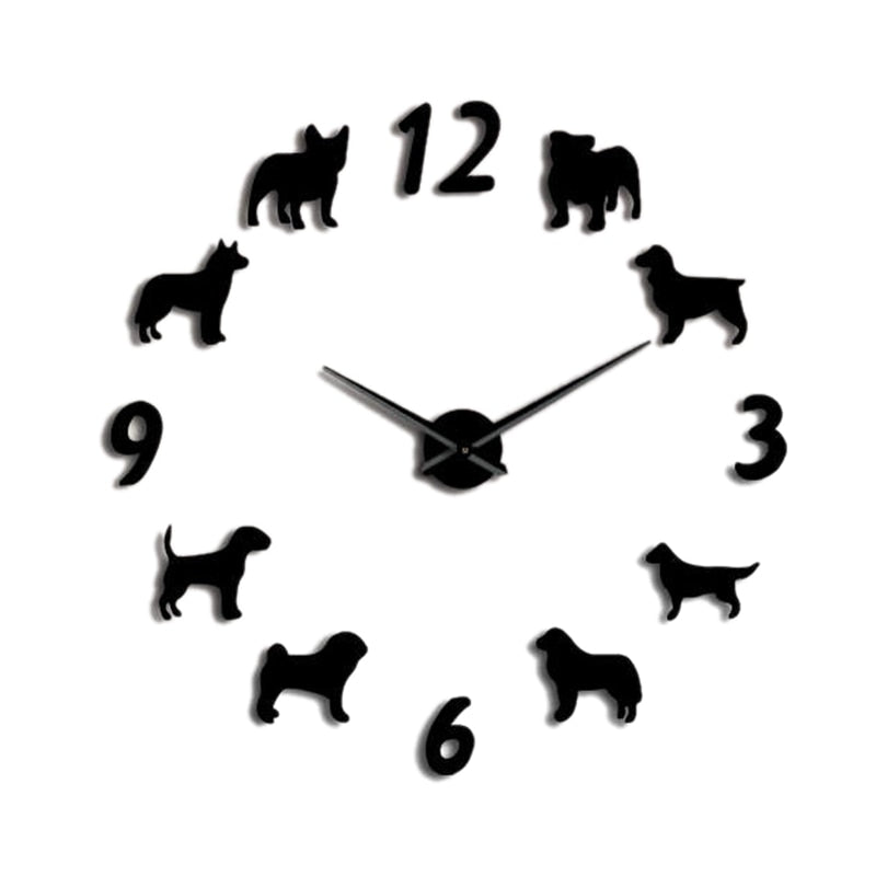 Different Dog Breeds Large Wall Clock Dog Lovers Pet Owners Home Decor Giant Wall Clock Modern Design Diy Puppies Wall Watch Bla