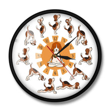 Load image into Gallery viewer, Cartoon Funny Dog Doing Yoga Position Of Surya Namaskara Doggy Style Yoga Wall Clock Beagle Dog Pet Cartoon Yoga Wall Watch
