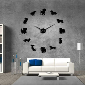 DIY Dachshund Wall Art Wiener-Dog Puppy Dog Pet Frameless Giant Wall Clock With Mirror Effect Sausage Dog Large Clock Wall Watch