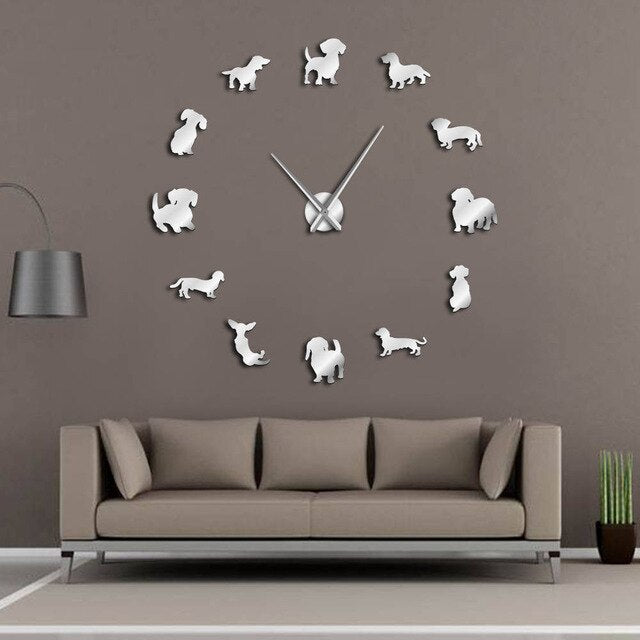 DIY Dachshund Wall Art Wiener-Dog Puppy Dog Pet Frameless Giant Wall Clock With Mirror Effect Sausage Dog Large Clock Wall Watch