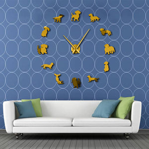 DIY Dachshund Wall Art Wiener-Dog Puppy Dog Pet Frameless Giant Wall Clock With Mirror Effect Sausage Dog Large Clock Wall Watch