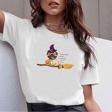 Load image into Gallery viewer, Tops T Shirt Women halloween pug witch on a broom dog lover gift Basic Black Print Female Tshirt
