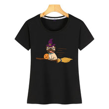 Load image into Gallery viewer, Tops T Shirt Women halloween pug witch on a broom dog lover gift Basic Black Print Female Tshirt
