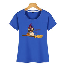 Load image into Gallery viewer, Tops T Shirt Women halloween pug witch on a broom dog lover gift Basic Black Print Female Tshirt
