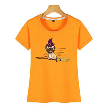 Load image into Gallery viewer, Tops T Shirt Women halloween pug witch on a broom dog lover gift Basic Black Print Female Tshirt

