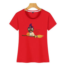 Load image into Gallery viewer, Tops T Shirt Women halloween pug witch on a broom dog lover gift Basic Black Print Female Tshirt
