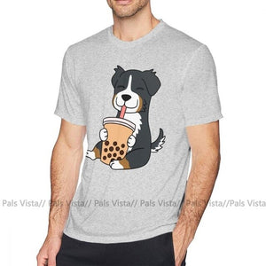 Bernese Mountain Dog T Shirt Bernese Mountain Dog Drinking Bubble Tea T-Shirt Short Sleeves Fun Tee Shirt Big Beach Tshirt