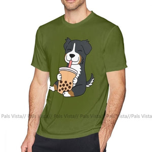 Bernese Mountain Dog T Shirt Bernese Mountain Dog Drinking Bubble Tea T-Shirt Short Sleeves Fun Tee Shirt Big Beach Tshirt