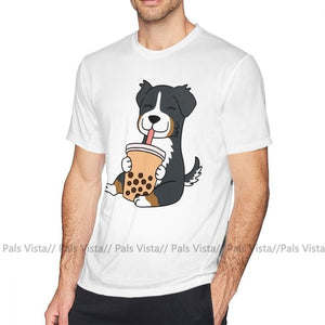 Bernese Mountain Dog T Shirt Bernese Mountain Dog Drinking Bubble Tea T-Shirt Short Sleeves Fun Tee Shirt Big Beach Tshirt