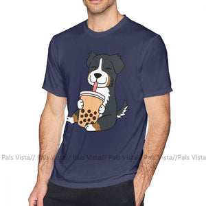 Bernese Mountain Dog T Shirt Bernese Mountain Dog Drinking Bubble Tea T-Shirt Short Sleeves Fun Tee Shirt Big Beach Tshirt