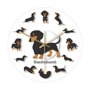 Cartoon Dachshund Print Wall Clock Wiener Dog Animal Dogs Pets Decorative Wall Watch Silent Movement For Kids Canine Vets Gifts