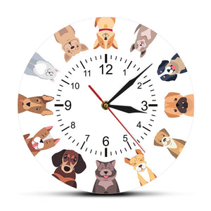 Different Purebred Dogs Cartoon Wall Clock Canine Home Decor Cool Dog Breed Printed Wall Art Kid Room Nursery Silent Wall Clock