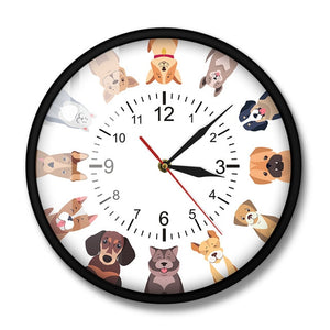 Different Purebred Dogs Cartoon Wall Clock Canine Home Decor Cool Dog Breed Printed Wall Art Kid Room Nursery Silent Wall Clock