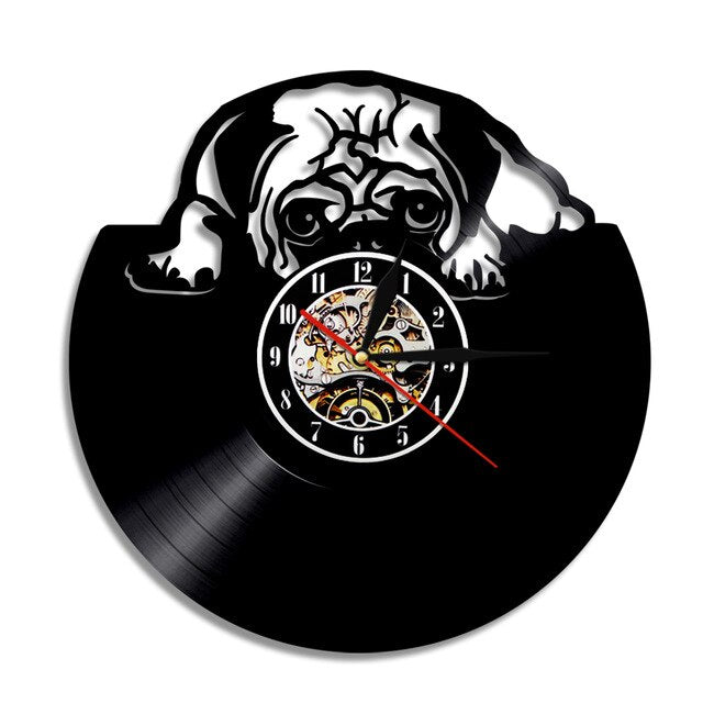 1Piece Cute Pug Dog Vinyl Record Wall Clock Animal Kids Room Doggy Decor Wall Clock House Pet Puppy Handmade CD Time Clock