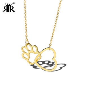 RIR Gold Hollow Cute Animal Dog Paw Love Heart Pendant Necklaces Pet Memorial In Memory of Your Loss Pets Best Friendship Gift