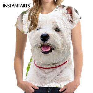 INSTANTARTS Women's Clothing Comfortable Women Short Sleeved T-shirt 3D Cute Dog Print West Highland White Terrier Summer Tshirt