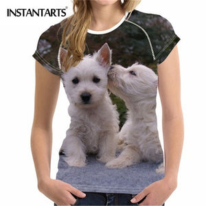 INSTANTARTS Women's Clothing Comfortable Women Short Sleeved T-shirt 3D Cute Dog Print West Highland White Terrier Summer Tshirt