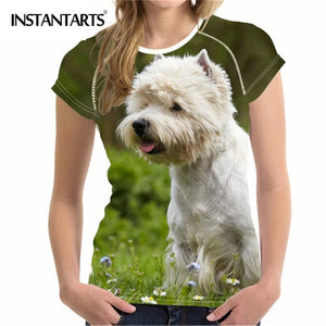 INSTANTARTS Women's Clothing Comfortable Women Short Sleeved T-shirt 3D Cute Dog Print West Highland White Terrier Summer Tshirt