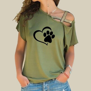 Dropshipping 2019 Dog Cat Paw Heart  T-shirt Women Fashion Tshirt Tops Cross-shoulder Irregular Short-sleeved T-shirt