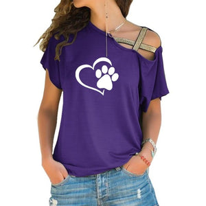 Dropshipping 2019 Dog Cat Paw Heart  T-shirt Women Fashion Tshirt Tops Cross-shoulder Irregular Short-sleeved T-shirt