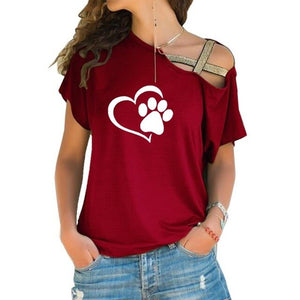 Dropshipping 2019 Dog Cat Paw Heart  T-shirt Women Fashion Tshirt Tops Cross-shoulder Irregular Short-sleeved T-shirt