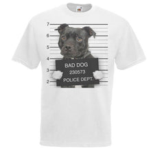 Load image into Gallery viewer, 2019 Summer Tee Shirt Mens White Dog Mugshot Staffordshire Bull Terrier T-Shirt Criminal K9 TShirt O-Neck T-shirt
