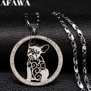 2019 Bulldog Frances Crystal Stainless Steel Necklace Women Silver Color Dog Necklaces & Pendants Jewelry collar hombre N124S01