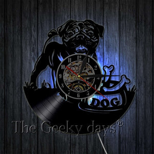 Lovely Pug Dog British Bulldog Vinyl Record LED Wall Clock Modern Design Animal Puppy Wall Clocks Nursery Wall Art Decor